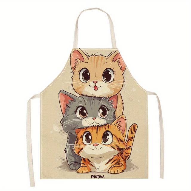 TEMU 1 Stück Frohe Weihnachten Katze bedruckte Schürze, einseitig 3D, Leinen-Küchen-Kochschürze, künstlerische Schürze, Haushaltsküchenzubehör, Leinenstoff, gewebte Abdeckung, zum Kochen und Essen