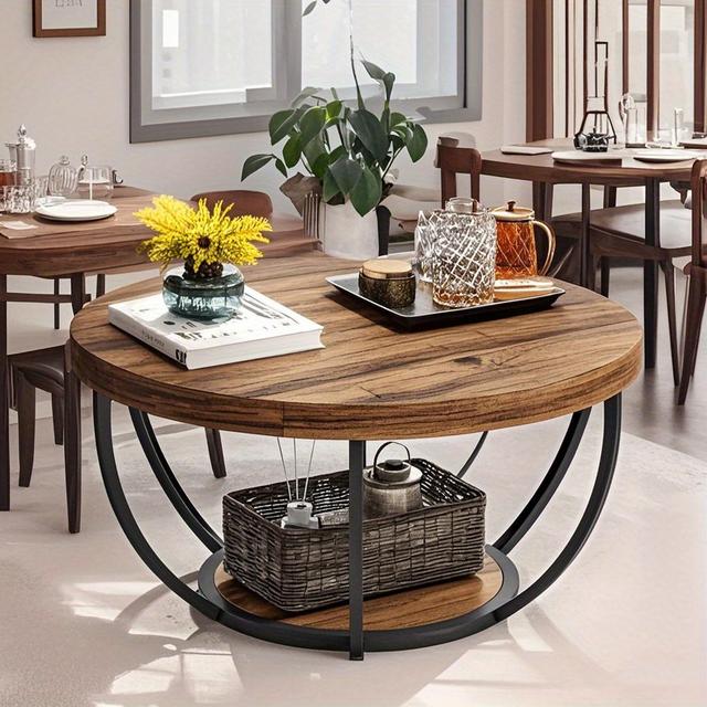 TEMU Round Coffee Table Stand Wooden Coffee Table With Open Storage Space And Metal Legs Suitable For Living Room Bedroom