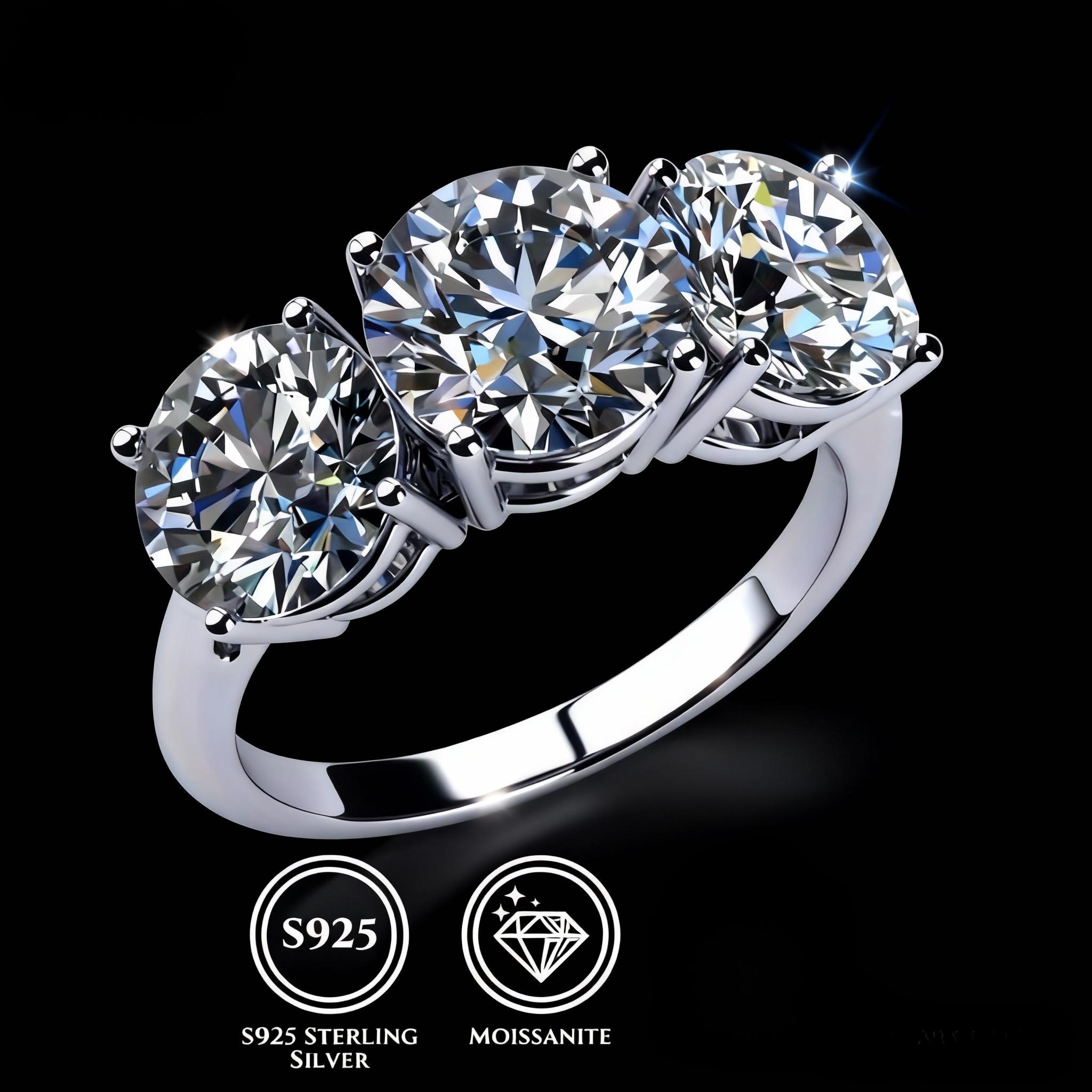 TEMU Women' Wear S925 Three-stone Synthetic Moissanite Heart Ring, Engagement/proposal/birthday/anniversary Gift
