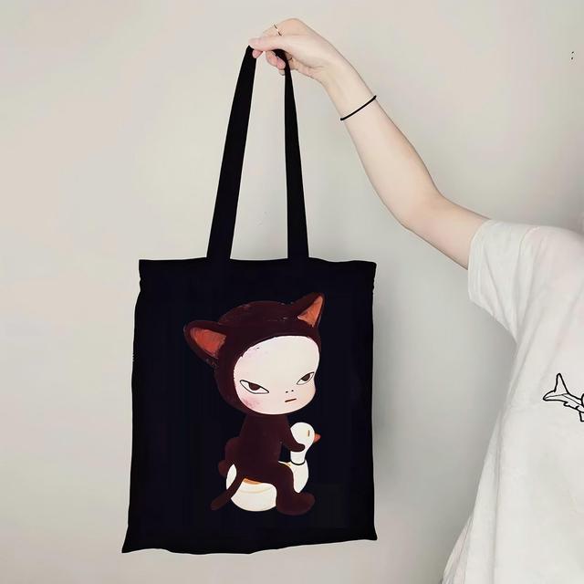 TEMU 女性用 ヨシトモ・ナラ インード トートバッグ - かわいい日本人トデザイン、軽量で大容量のショルダーバッグ 日常使い＆買い物・旅行に最適 アニメファン＆日本美術愛好家向け オープントップ設計 固定ストラップ付き