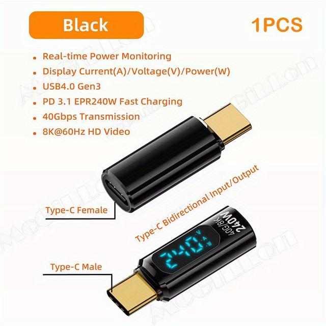 TEMU Usb C Adapter With Led Digital Display, Pd 240w Usb-c Male To Female Connector For Iphone 16/15 Series, Ipad, Macbook, Support Voltage, Current And Power Smart Led Display