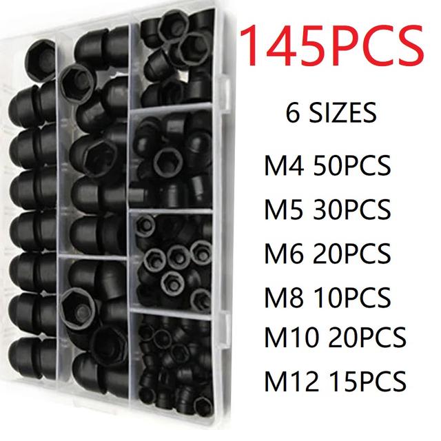 TEMU 145pcs Of Screw And Covers, Including Hex Head Dome Caps, Plastic Caps, And Covers For Hexagonal Screw Bolts, Suitable For Sizes M4, M5, M6, M8, M10, And M12