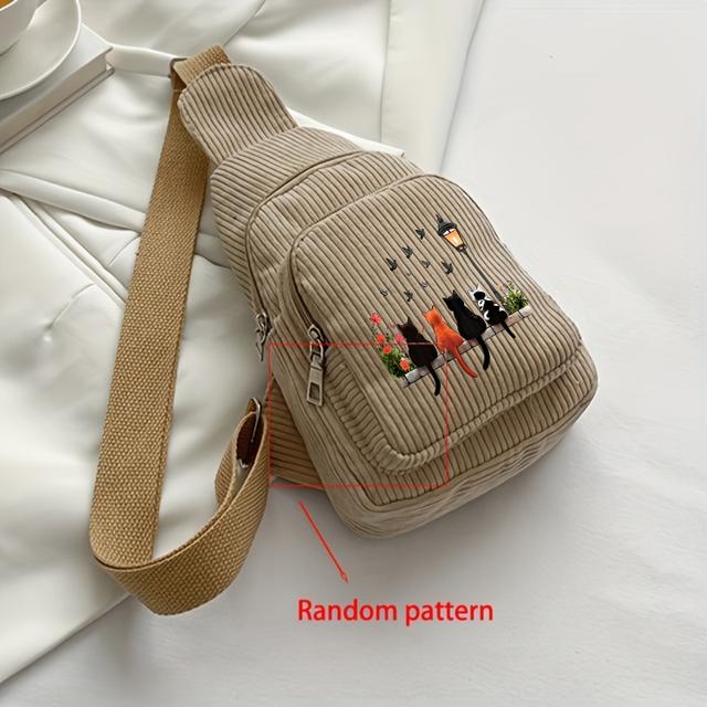 TEMU 여성용 코듀로이 체스트백, 세 가지 컬러, 고양이와 가로등 프린트, 크로스바디 숄더백, 데일리 아웃팅, 쇼핑, 여행에 필수