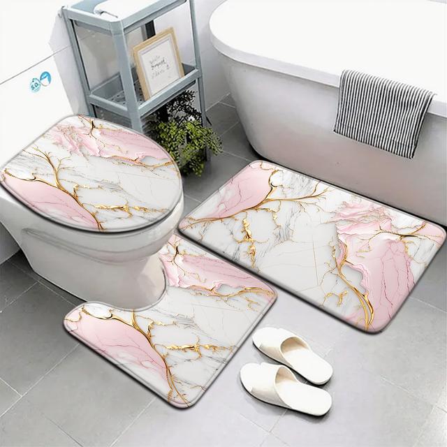 TEMU 3pcs/4pcs Pink And White Quicksand Pattern Bathroom Mat Set, Toilet Lid Cover And Rug, Bathroom Decor, U-shaped Foot Mat