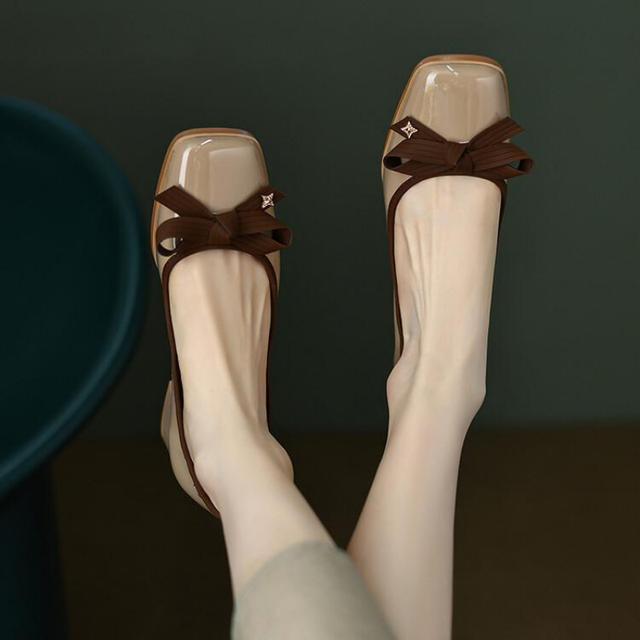 TEMU レディース レトロカラーブロック ボウ トゥ チャンキーヒールシューズ - PUカバーアッパー、合成カバー裏地＆EVAインソール、オール対応 カジュアルミドルヒールシューズ、耐久性ラバーソール