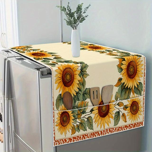 TEMU 1개 냉장고 커버 - 베이지 배경 & 생동감 넘치는 꽃무늬 디자인, 내구성 있는 폴리에스터 주방 가전 커버, 팜하우스 홈 데코, 기분 좋은 주방 액세서리, 부드러운 질감 원단, 고품질 소재, 아늑한 생활을 위한 장식품|냉장고