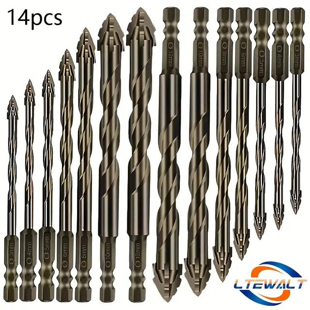 TEMU 14pcs Set Of Carbide Drill Bits, Designed For High And Durability, Featuring Four-blade Sawtooth Designs, Ideal For Dry Drilling Through Tiles, Ceramics, Glass, Marble, Concrete, And Alloys