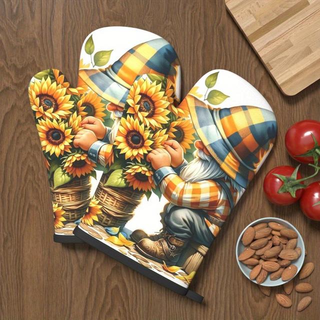 TEMU 2pcs 10.6*6.7 Inch Oven Mitts Fall Gnome Sunflower Resistant Kitchen Oven Gloves Suitable For Cooking, Home Oven, Baking, Bbq, Grilling, Barbecue, Microwave, Kitchen Decoration, Gifts Vg