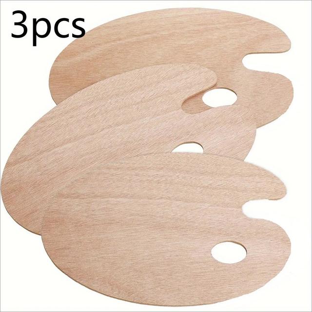 TEMU A 2d Surface Featuring 3 Oval-shaped Wooden Palettes With Thumb Holes, Ideal For Watercolor And Acrylic Painting, Perfect Materials For Art And Craft Gifts