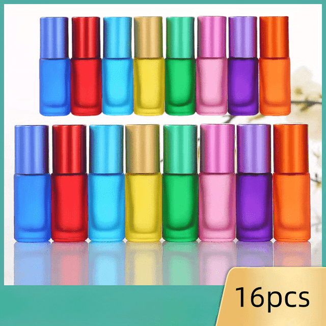 TEMU Set von 16 farbenfrohen mattierten Glasballflaschen für ätherische Öle und Parfüm - rund 5ml und 10ml, nur Handwäsche, geschmacksneutrale Ballflaschen mit Edelstahlkugeln - langlebig nachfüllbar