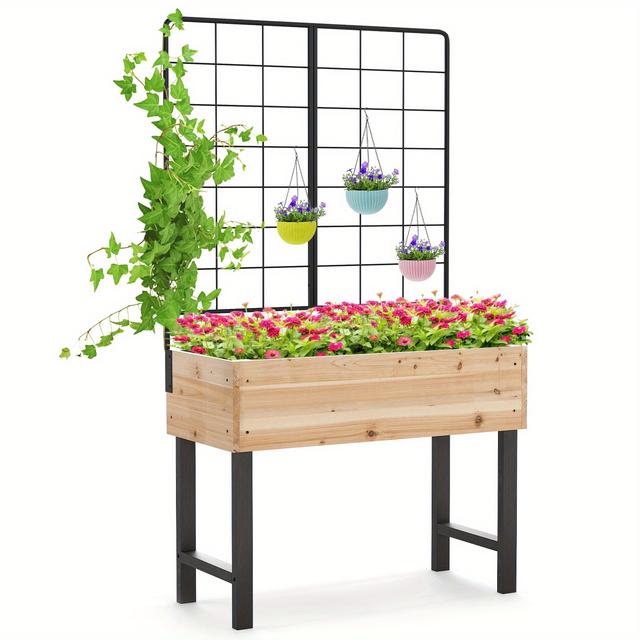 TEMU Raised Garden Bed With Metal Trellis, Drainage, Wooden Elevated Planter Box Stand With Legs For Climbing Plant Vine Flower Vegetable Fruit,