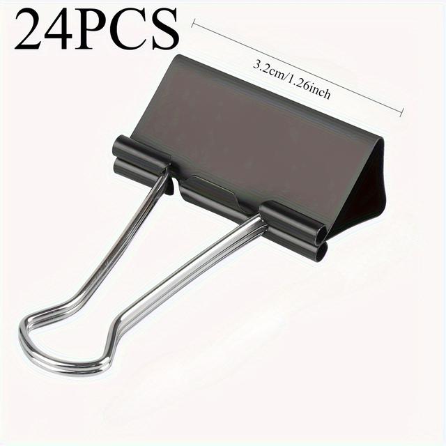 TEMU 24pcs Extra Large Black Binder Clips - 1.22 Inch Durable Metal Paper Clips With Strong Spring Mechanism And Metal Rings For Office Organization, Smooth | Heavy-duty Iron Clips