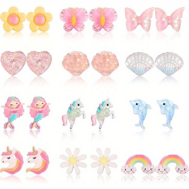 TEMU 12 Pairs Clip On Earrings Set - Y2k , No Piercing Needed, Featuring , Dolphin, Rainbow, Flower, Heart Designs - Ideal For & Gifts, Fashion Accessories| Design|colorful Earrings, Cute Earring