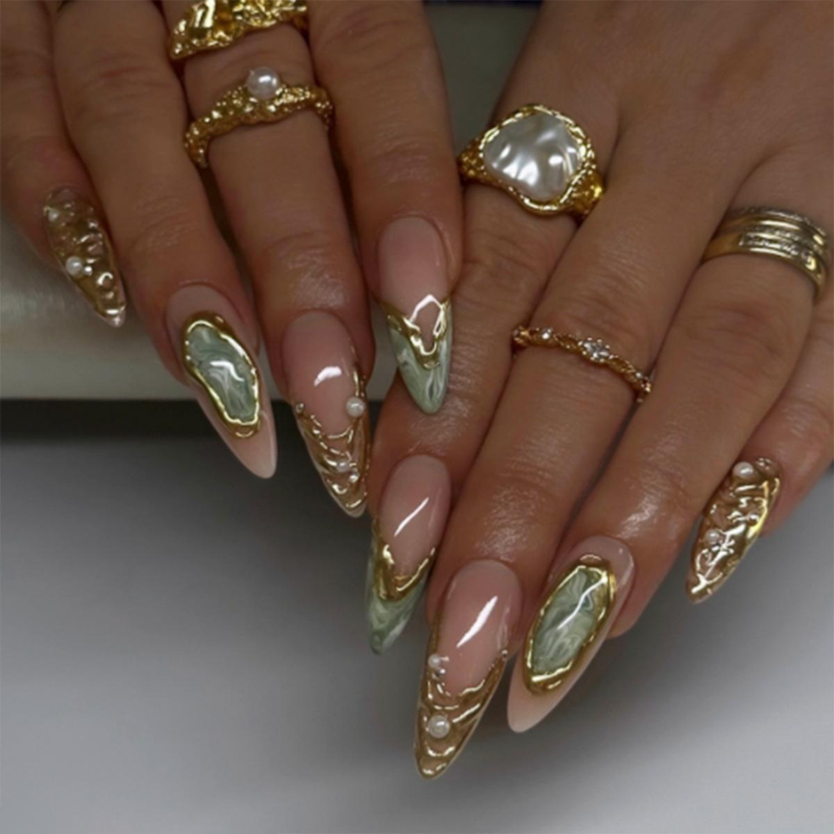 TEMU 3d Irregular Golden Electroplated French Aurora Flowing European And Detachable Wearable Nails 24pcs
