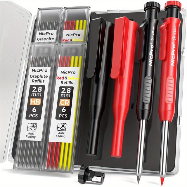 TEMU 2 Crayons de avec , Crayons Mécaniques avec 4 Recharges (Rouge, Noir, Jaune), Crayon de Construction Robuste, Crayons de Menuiserie pour