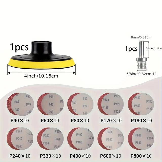 TEMU 102 قطعة أقراص سنفرة ووسادات دعم 4 بوصة (خيط 5/8-11)، مع محول 8 مم، مناسبة لتلميع وطحن الملحقات، نطاق الحبيبات من 40 إلى 800، أقراص سنفرة، أقراص سنفرة