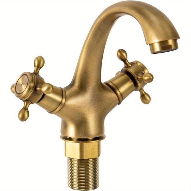 TEMU Retro European Single-hole Bathroom Sink Faucet With Double Handle Hot/cold Mixer Tap, Brushed Suitable For Washbasin, Valve & Hardware Included, For European (no Plumbing Required)