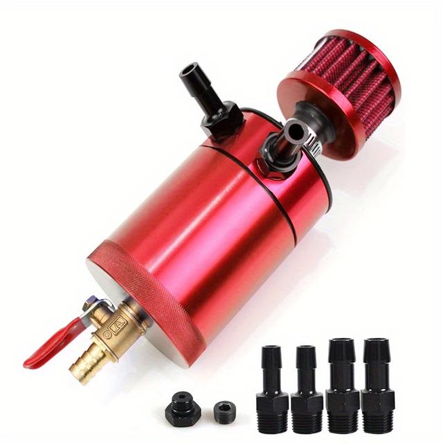 TEMU Oil Catch With 4 Adapters + Breather Filter Drain Valve Plug 2 Ports ( + 1 Inlet) 150ml Universal Aluminum Oil Reservoir Tank Oil Separator Htracing