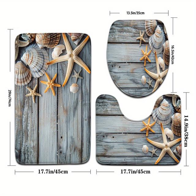 TEMU Conjunto de 3 piezas de Alfombrillas de Baño Serie en Madera Gris con de Concha y Estrella de Mar, Alfombrilla para Asiento de Inodoro en Forma de U
