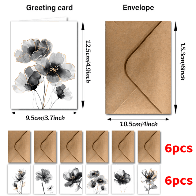 TEMU 12/24pcs Watercolor Black Flowers Greeting Card Set With Envelope