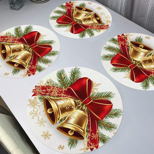 TEMU 4pcs Christmas Placemats, Woven Polyester Round Table Mats, With And Red Bows, Non-slip, Hand Washable, For Holiday Dining, Home, Kitchen, Banquet, And Party Decor