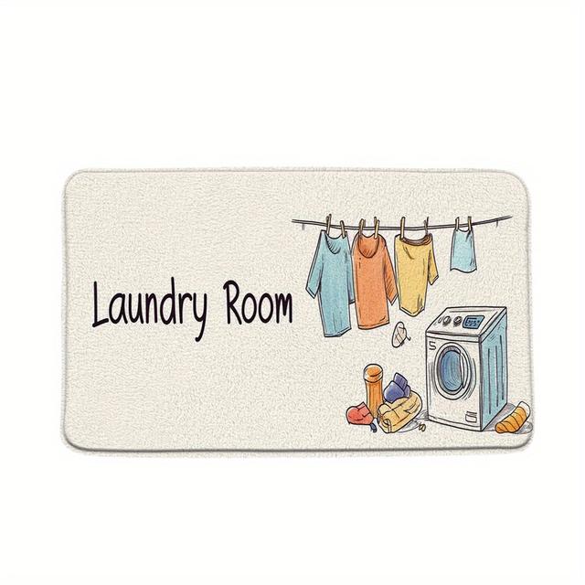 TEMU 1pc Laundry Room Mat – Vibrant Washing Machine & Clothesline Design, Soft Flannel Bath Rug, 45x75cm, Beige With Black Text, Bathroom Or Entryway