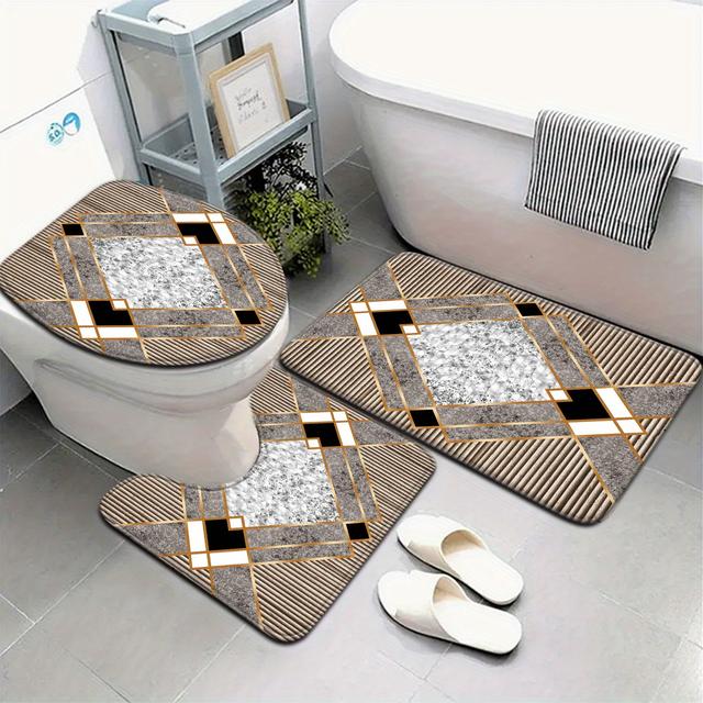 TEMU 3pcs/4pcs Striped Geometric Marble Pattern Bathroom Mat Set With Toilet Seat Cover And U-shaped Foot Pad