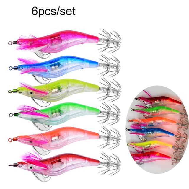 TEMU Avlcoaky 6pcs/set 10cm/12.2g Led Electronic Luminous Shrimp Lure Squid Jig Hook Night Fishing Squid Jigs Lures Bait Fishing Tackle
