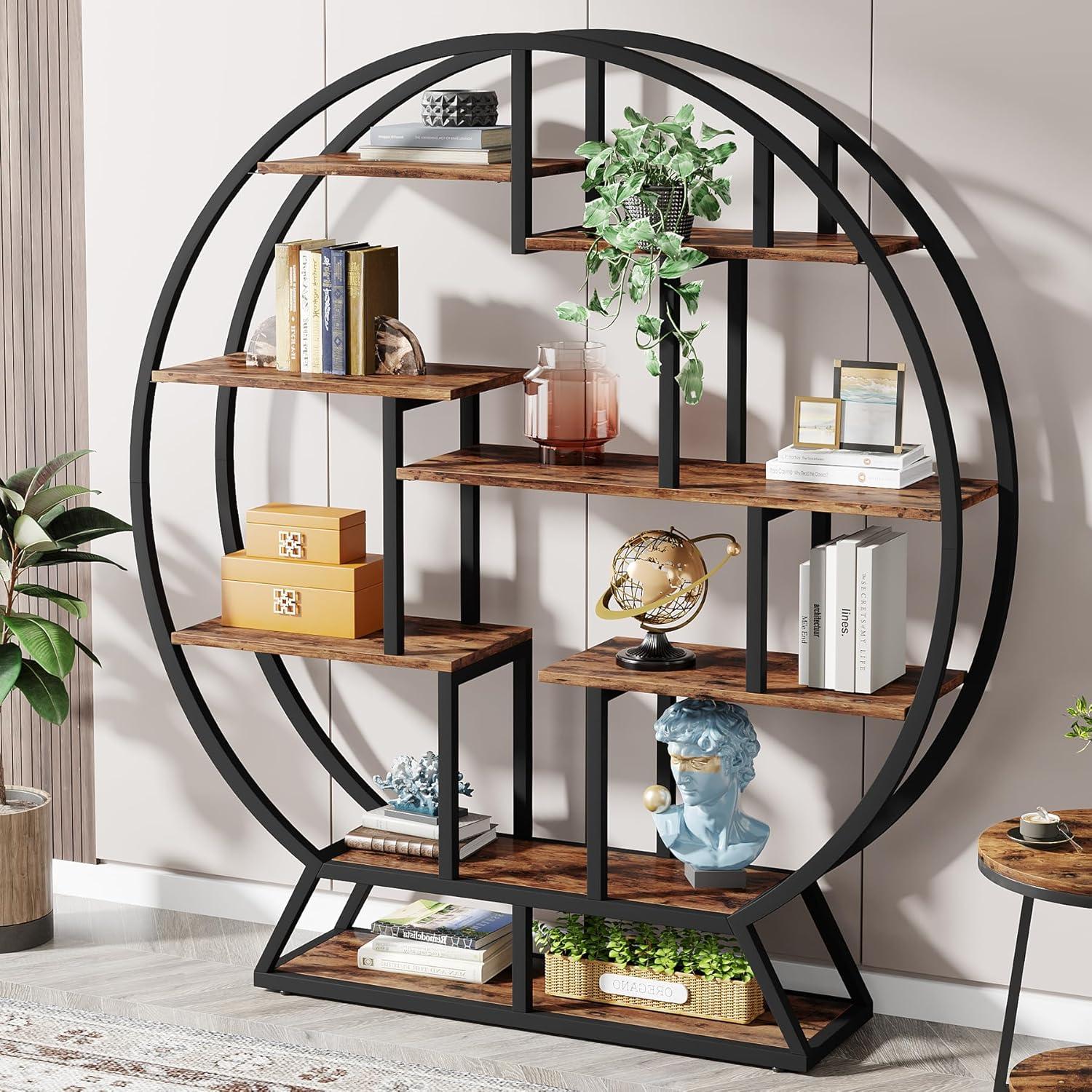 TEMU Étagère Ronde, Industrielle à 5 Niveaux, 160Cm de Hauteur, Organisateur d'Étagères Ouvertes Rustique pour Maison, Bureau, Salon, Marron Rustique