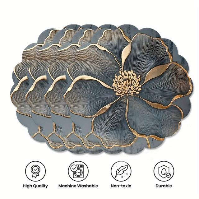 TEMU 2d Flat 4pcs Gray Floral Pattern Placemats, 38.1cm Round Polyester Table Mats, Non-slip & Heat Resistant, Machine Washable For Dining, Kitchen, Hotel, Restaurant, Home Decor, Holiday Parties