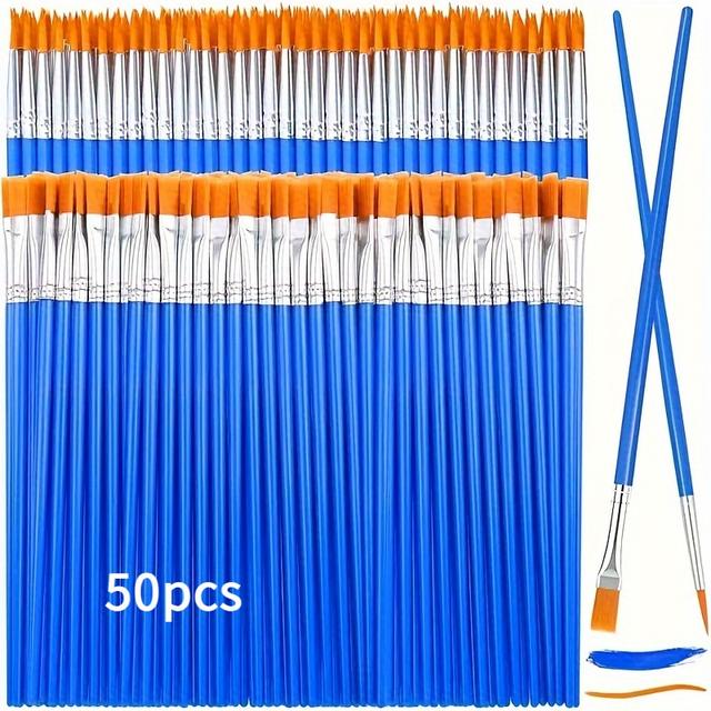 TEMU /50pcs Small Paint Brush Suit With Flat And Round Tips- Wooden Handle, Blue And Orange- Acrylic, Oil, Watercolor, Canvas And Face Painting, Painting Art Supplies In Classrooms And Crafts