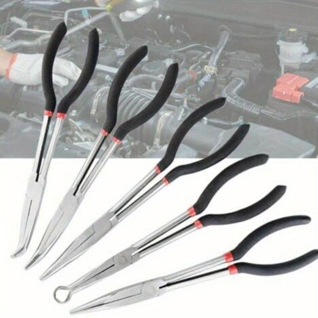 TEMU 5pcs Long Needle Nose Pliers Set, 11-inch Long Reach Pliers Set, Straight Needle Nose Pliers, 25, 45, 90-degree Bent Nose Pliers And Long Reach Pliers For Repairing