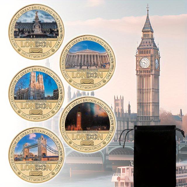 TEMU Replica Coin 5 Famous London Landmarks Golden Metal Commemorative With Black Velvet Pouch Travel Holiday Party Gift