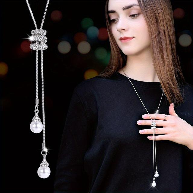 TEMU Elegant Korean-style Tassel Pearl Necklace - Versatile Long Sweater Chain With , Simple Alloy Jewelry For Women, Casual Attire Or