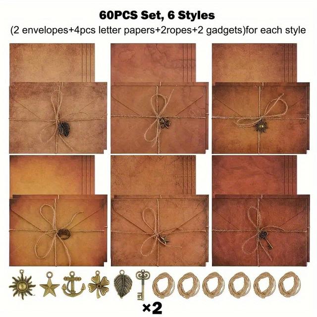 TEMU 60pcs Vintage Stationery Set With Ropes - Envelopes & Antique For Christmas, Halloween, Thanksgiving, Graduation, Housewarming - Self-sealing, Finish