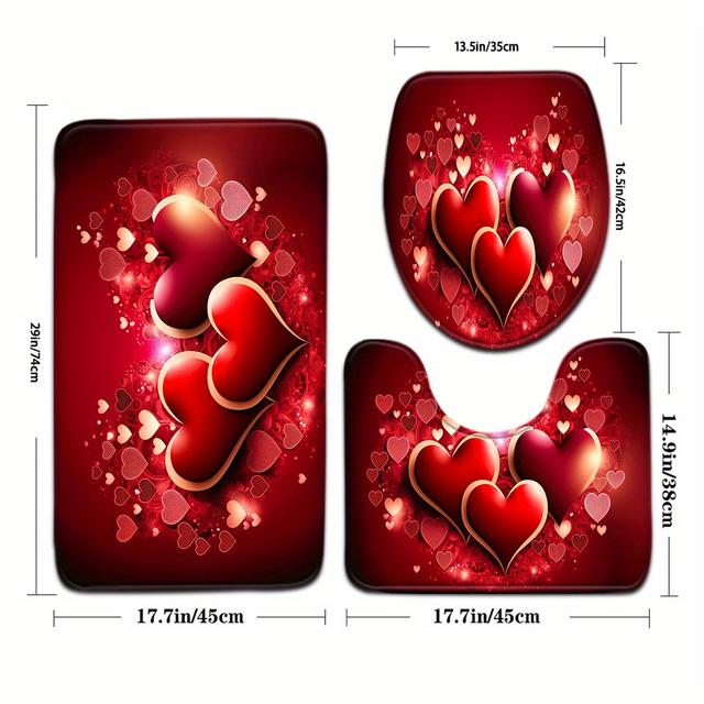 TEMU 3pcs Valentine's Day Series Retro Love Pattern Bathroom Mat Set Toilet Seat Ring U-shaped Foot Mat