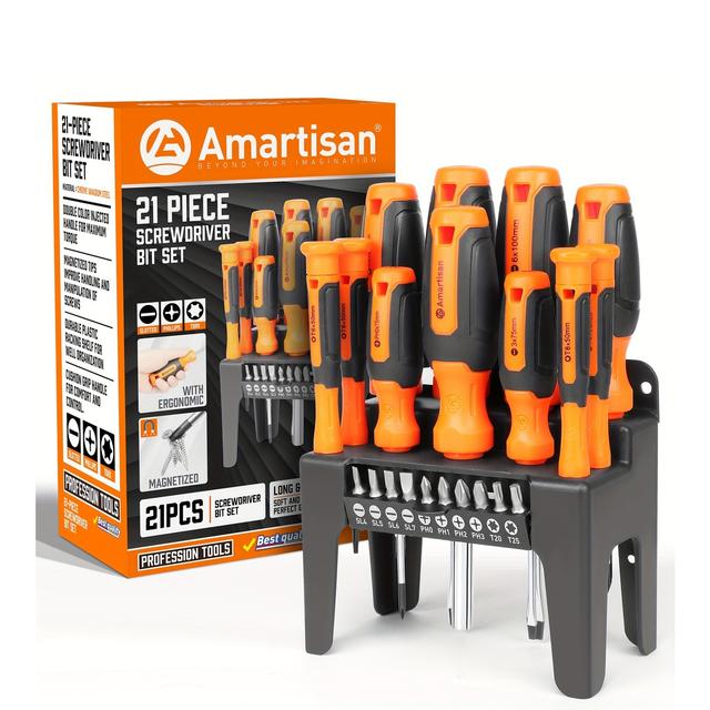 TEMU 21pcs Magnetic Screwdriver Set With 10 Bits And Plastic Organizer - Durable, Non-slip Handle, Suitable For Diy Projects, Magnetic Screwdriver, Metal Construction, Craft Screwdriver