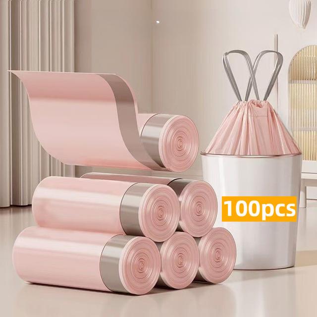 TEMU 100pcs Extra Thick Drawstring Trash Bags - , Leak-proof Plastic Garbage Bags For Kitchen, Bathroom & Living Room Cleaning