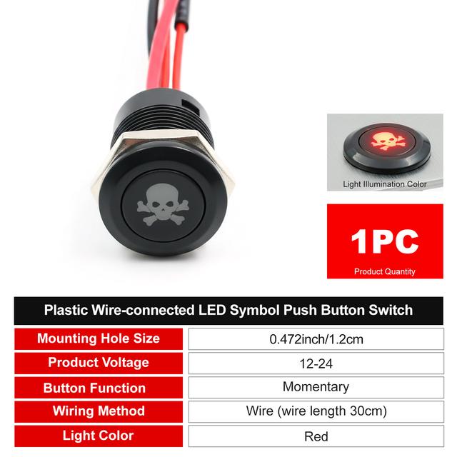 TEMU 12mm 12v Momentary Push Button Switch With Symbol, Plastic Material, Length 30cm, Suitable For Racing Cars, Rc Devices, And Yacht Dashboard Warnings