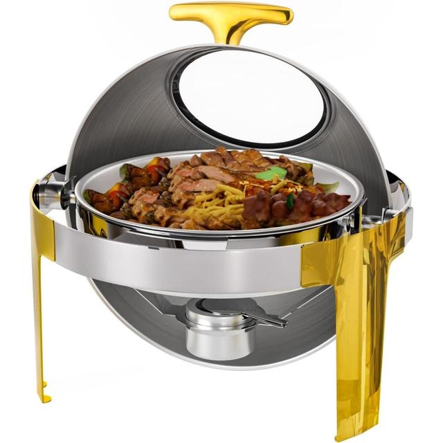 TEMU 1pc Golden Accent 6qt Round Chafing Dish Stainless Steel Roll Warmer For Buffet Catering Party Wedding Banquet Graduation Event Cooking, Cooking