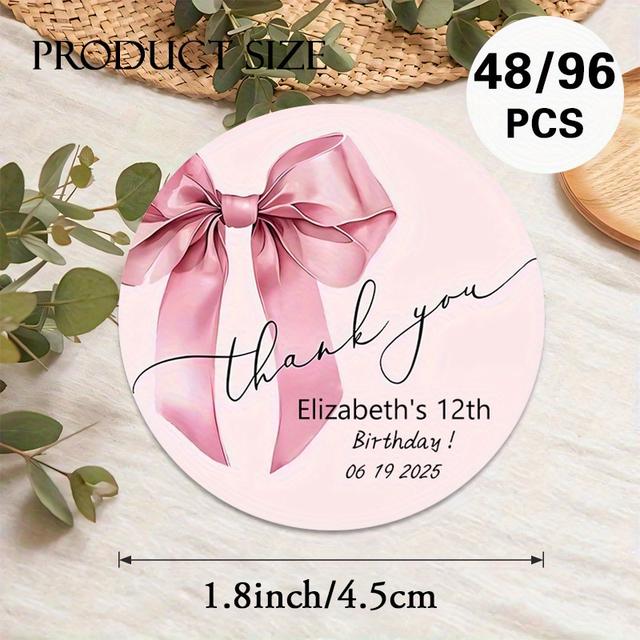 TEMU Custom 48/96pcs Bow - Themed Birthday Round Stickers, Personalizable With Names & Dates. Watercolor Pink . Great For Birthday Party Favors, Gift - Bag Seals, Event Decor, Etc.