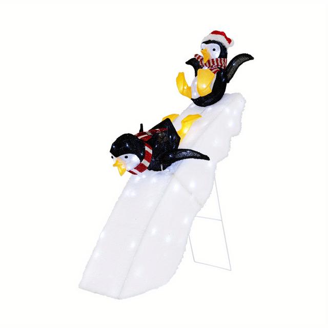 TEMU Multigot Lighted Christmas Decoration, 4 Ft/120 Cm Skating Decor W/ 2 Sliding Penguins & Snowy Slide, Pre-lit Christmas Penguin & Slide W/led Lights, Stakes, Indoor Outdoor Yard Decor