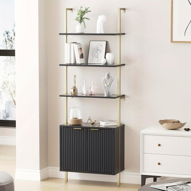 TEMU Vabches 5-tier Fluted Ladder Bookshelf With Cabinet, 71" Tall Wall Mounted Storage Rack, Black & Golden Metal Frame, Hardwood Shelves For Living Room, Home Office, Or Bedroom Decor, Book Shelves