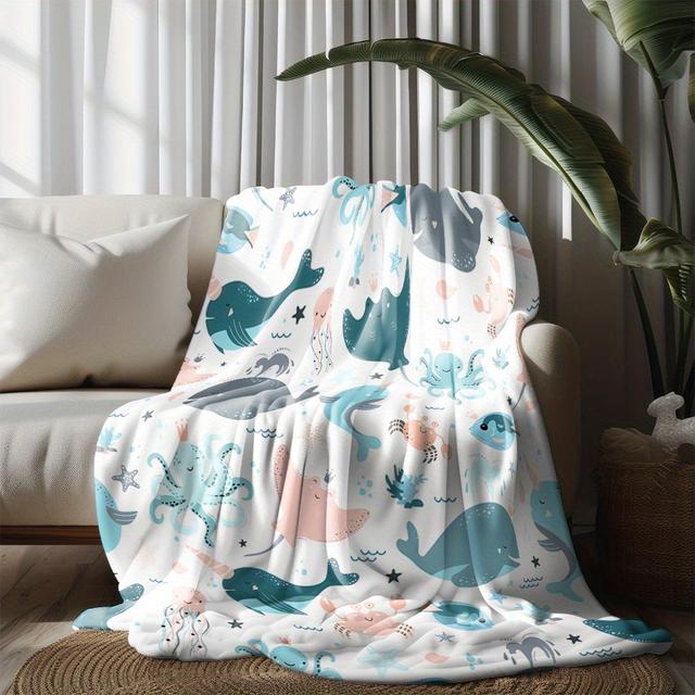 TEMU ผ้าห่มฟลานเนลโลกมหาสมุทร 1 ชิ้น - นุ่ม, เบา, ใช้ได้ทุกฤดูกาล พร้อมดีไซน์สัตว์ใต้น้ำสดใส, วาฬ, ปลาหมึกยักษ์ และดาว, เหมาะสำหรับเตียง, การเดินทาง, และตกแต่งบ้าน, ผ้าห่มชายหาด