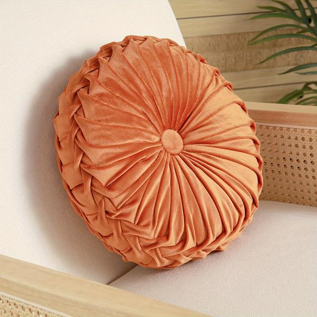 TEMU 1pack Orange Round Velvet Pumpkin Throw Pillow Wheel Cushion European Hand Fold Waist Pillow Cushion 35cm