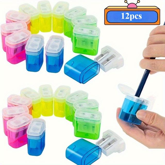 TEMU 12pcs Dual-hole Manual Pencil Sharpeners With Lids - Portable, Battery-free, Made Of Durable Pp Material, In Colors - Suitable For Students Aged 14 And Above - The Perfect Back-to-school Gift