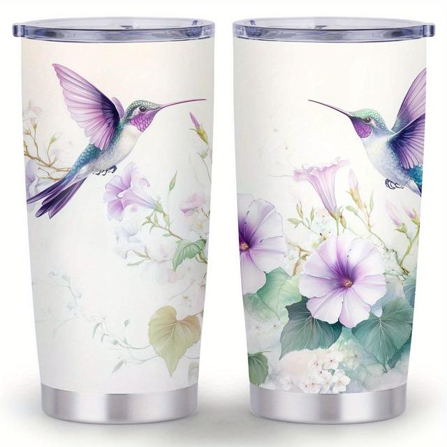 TEMU 20oz Hummingbird Stainless Steel Tumbler With Lid - Vacuum Insulated, Double-walled Travel Cup, Bpa-free, Vibrant - Perfect Gift For Holidays, Hand Wash Only, Hummingbird Decor