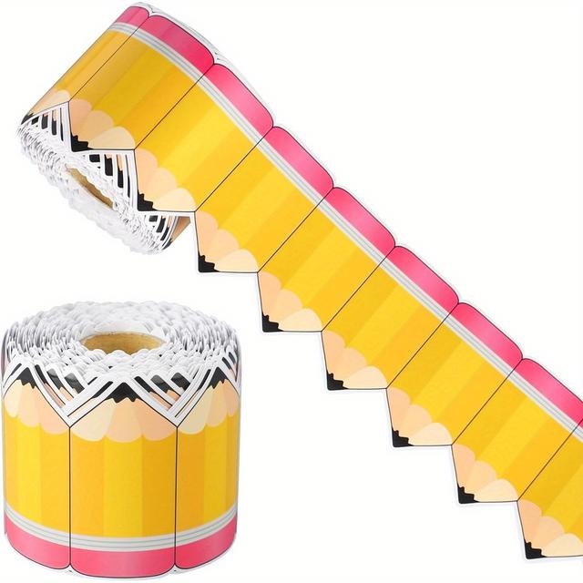 TEMU 68.9 قدم لون قلم رصاص ديكور لوحة ملصقات الفصل - تقطيع ورق مع تصميمات حيوية لعودة إلى المدرسة، جدران العرض، وتنظيم الفصل، ديكورات الفصل للأساتذة، مثالية لتزيين الغرفة