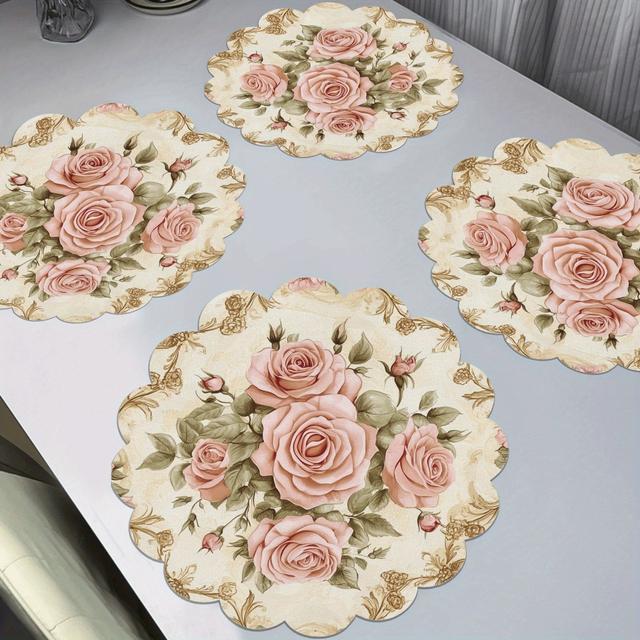TEMU 4er-Set Vintage Rosa Rosen Runde Tischsets, Wellenförmige Rutschfeste Waschbare Polyester-Matten für Esstisch, Küche, , Partydekoration, Geschenk, Tägliche Feiertage, Esstischdekoration