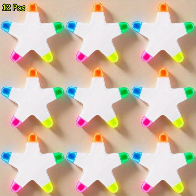 TEMU 12pcs Star Highlighters Bulk - Assorted Colors, Fluorescent Pens With Watercolor Design, Cute Star-shaped Highlighters For School, Office, And , School Supplies, Design, Vibrant Colors